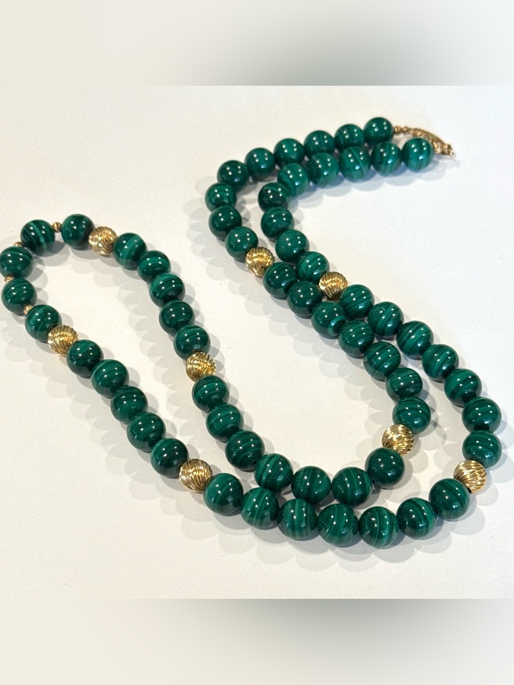 Vintage Malachite Beaded Necklace 26” Gold Filled Clasp Green Mineral